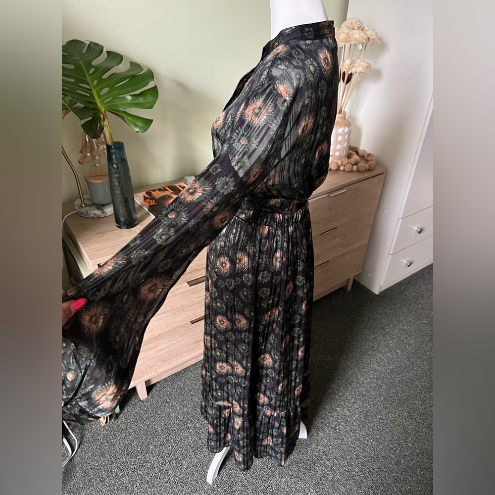 Black Floral Long-Sleeve Blouse Maxi Skirt Metallic Threads Modest Matching Set
